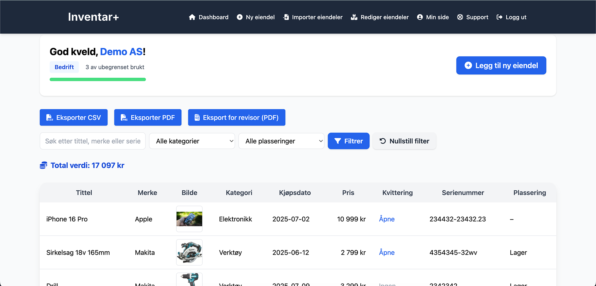 Inventar+ skjermbilde